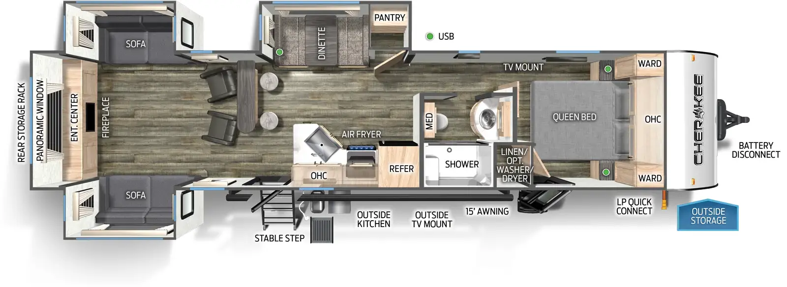 The 306MM has three slide outs and two entries. Exterior features a rear storage rack, rear stable step entry, outside kitchen, outside TV mount, 15 foot awning, LP quick connect, outside storage, and battery disconnect. Interior layout front to back: foot-facing queen bed with overhead cabinet, wardrobes on either side, entry door, linen closet with optional washer/dryer, and TV mount; door side aisle full bathroom with medicine cabinet; off-door side slide out with pantry and dinette, and bar top with stools on one side and chairs on the other; door side refrigerator, air fryer, overhead cabinet, peninsula countertop with sink, and entry door; rear opposing sofa slideouts, and an entertainment center with fireplace and panoramic window along the back wall.